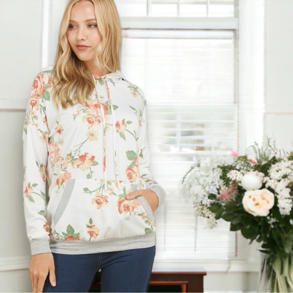 Gorgeous Ivory Floral Hoodie Sweatshirt - Picture 1 of 6